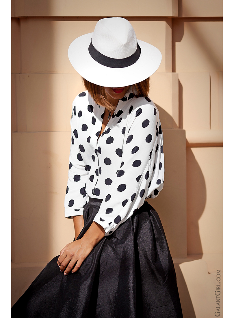 polka dot outfit with midi skirt and Fedora hat by GalantGirl.com