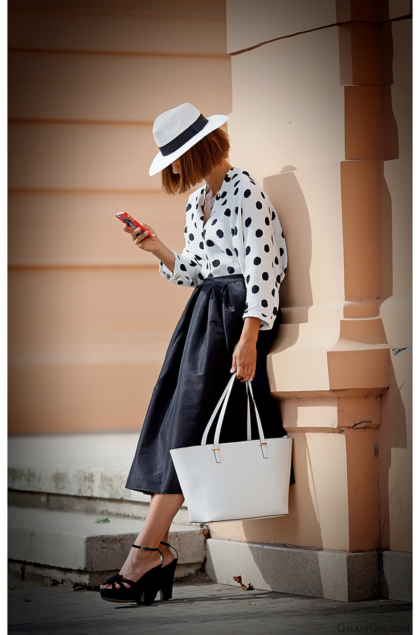 polka dot outfit with midi skirt and Fedora hat and Kate Spade bag by GalantGirl.com