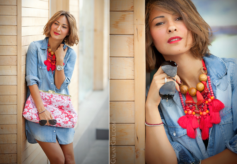 denim dress with red accessories by GalantGirl.com