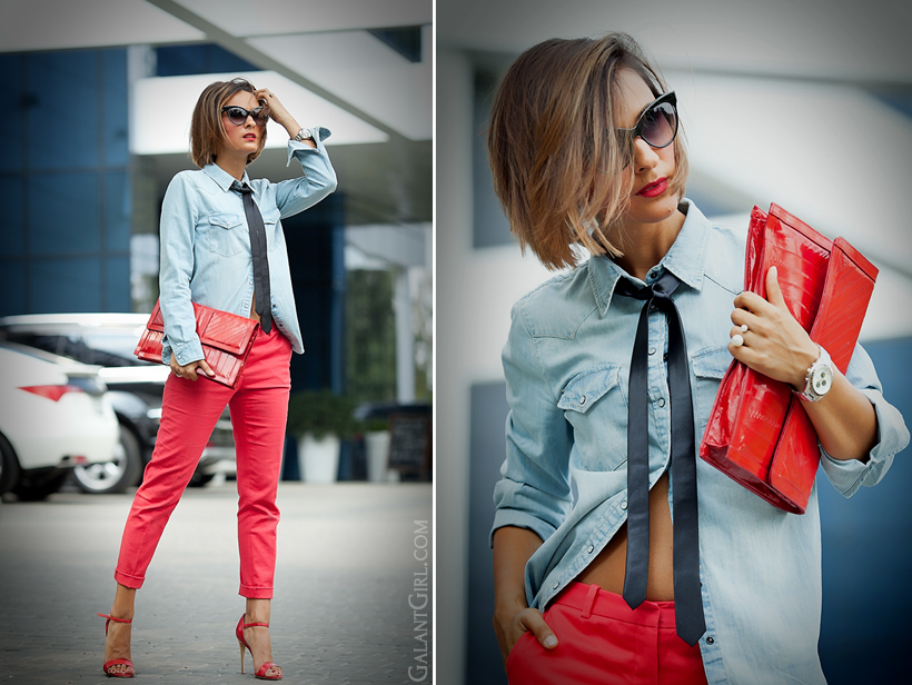 denim shirt outfit with red trousers by GalantGirl.com