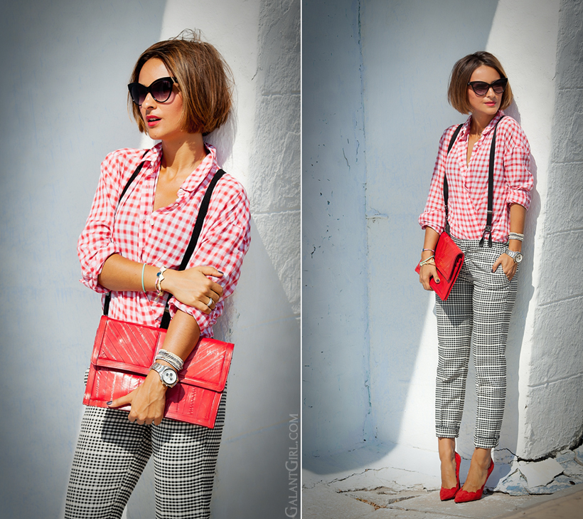 gingham shirt outfit with braces on GalantGirl.com 