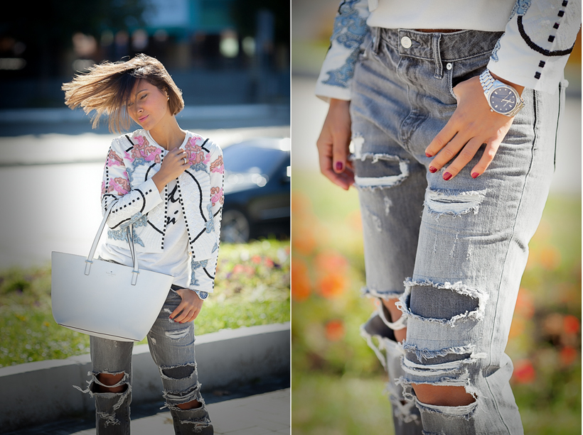 embellished jacket and ripped jeans on GalantGirl.com