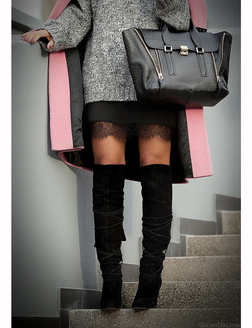 3.1 Phillip Lim pashli and over the knee boots with lace skirt on GalantGirl.com