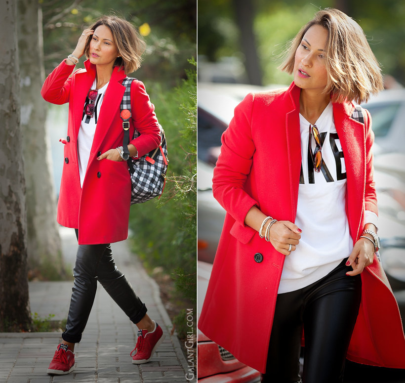 red coat and leather leggings on GalantGirl.com