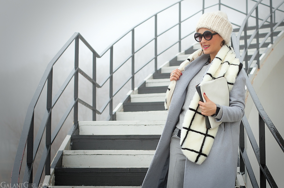 street style, geometric accents in fashion, faux fur scarf, galant girl, 3.1 phillip lim clutch, grey coat Asos,