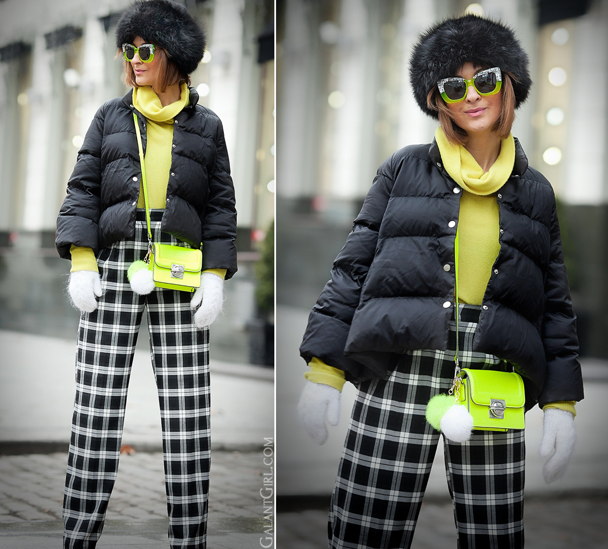 winter outfit with neon accents, JAX Marc by Marc Jacobs cross body bag, galant girl, plaid trousers ASOS, 
