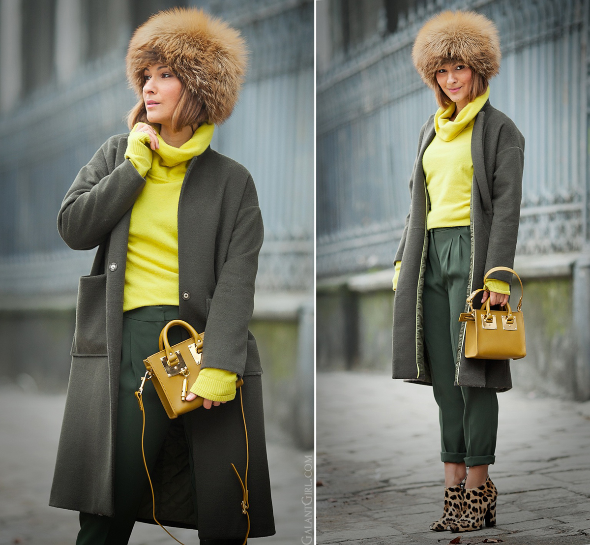 sophie hulme mini olive bag, sophie hulme olive bag, olive colors outfit, winter outfit, fox fur hat, 