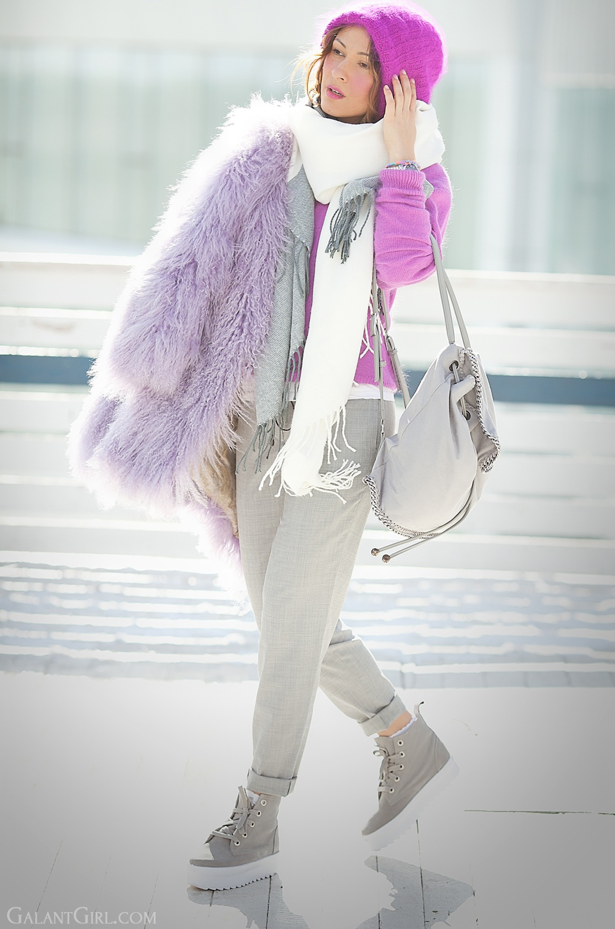 lama fur coat, mongolian fur coat, galant girl, stella mccartney falabella backpack, fuchsia outfit, ukrainian fashion blogger, russian fashion blogger, 