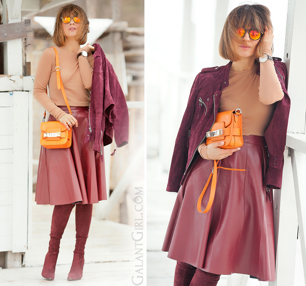 burgundy leather skater skirt,  Proenza Schouler PS11 orange bag, galant girl, 