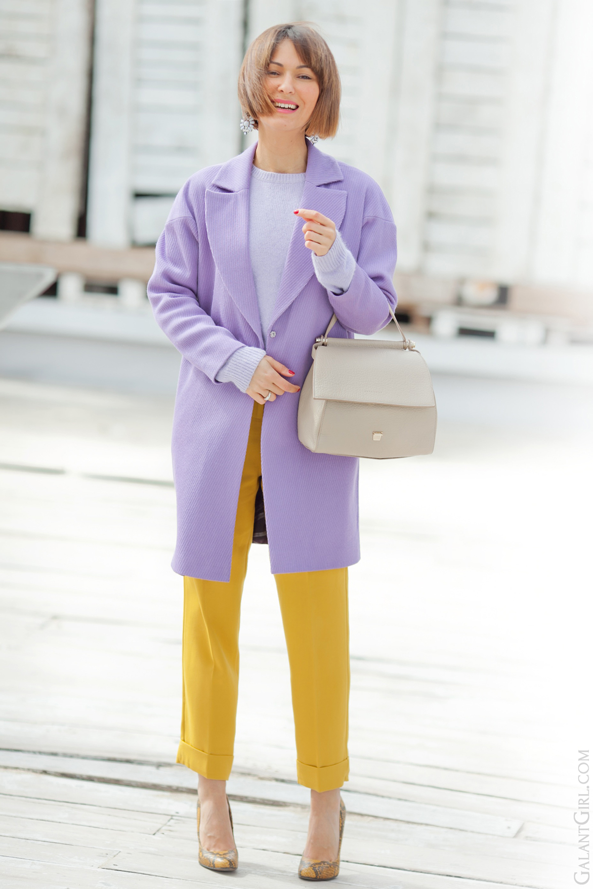 galant girl, lilac coat outfit, mustard trousers outfit, coccinelle tote bag, acne angora sweater,