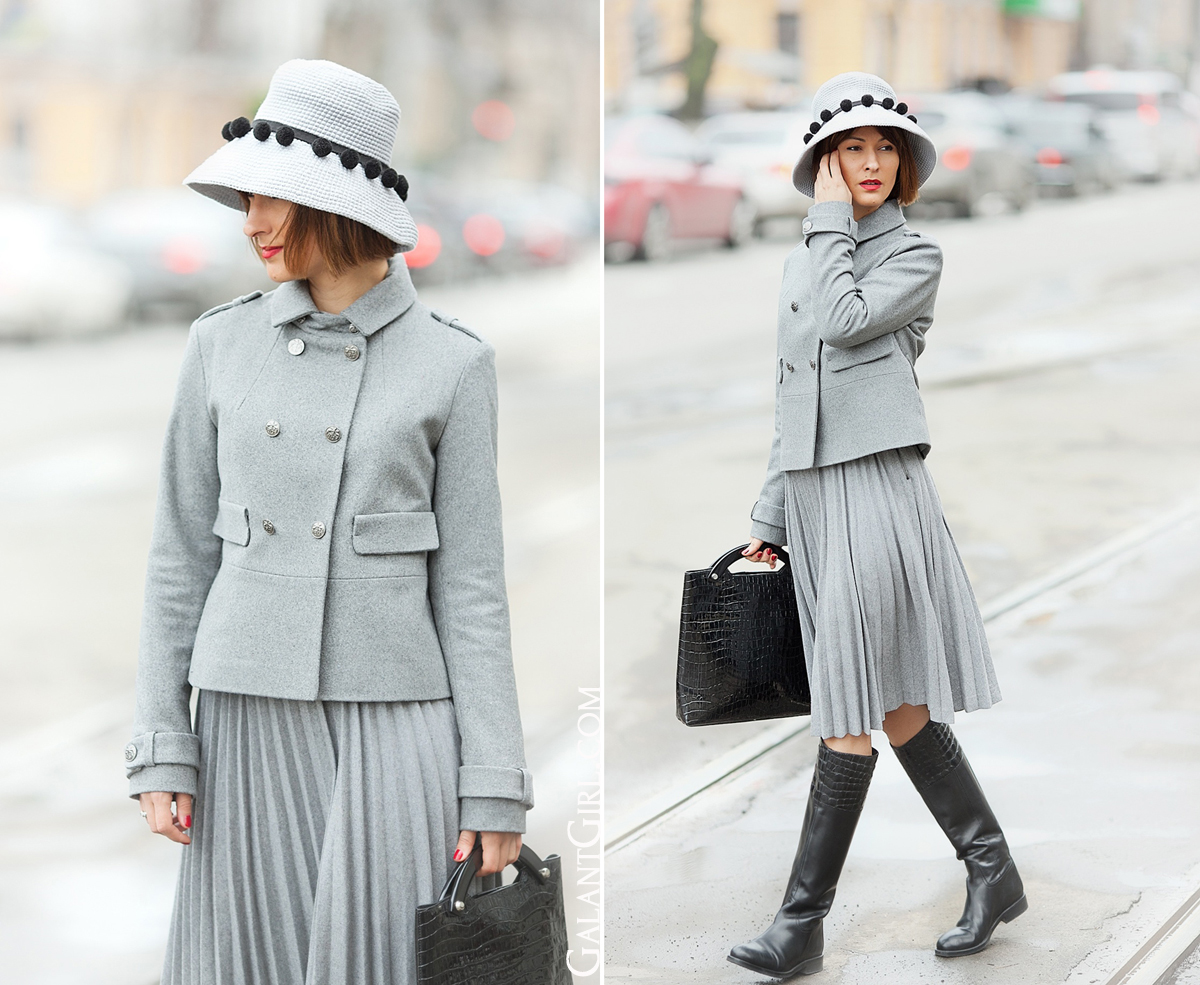 Atelier Kikala for 7II, total grey outfit, Galant girl, cute hat for spring, fashion blogger, wool pleated skirt on GalantGirl.com, 