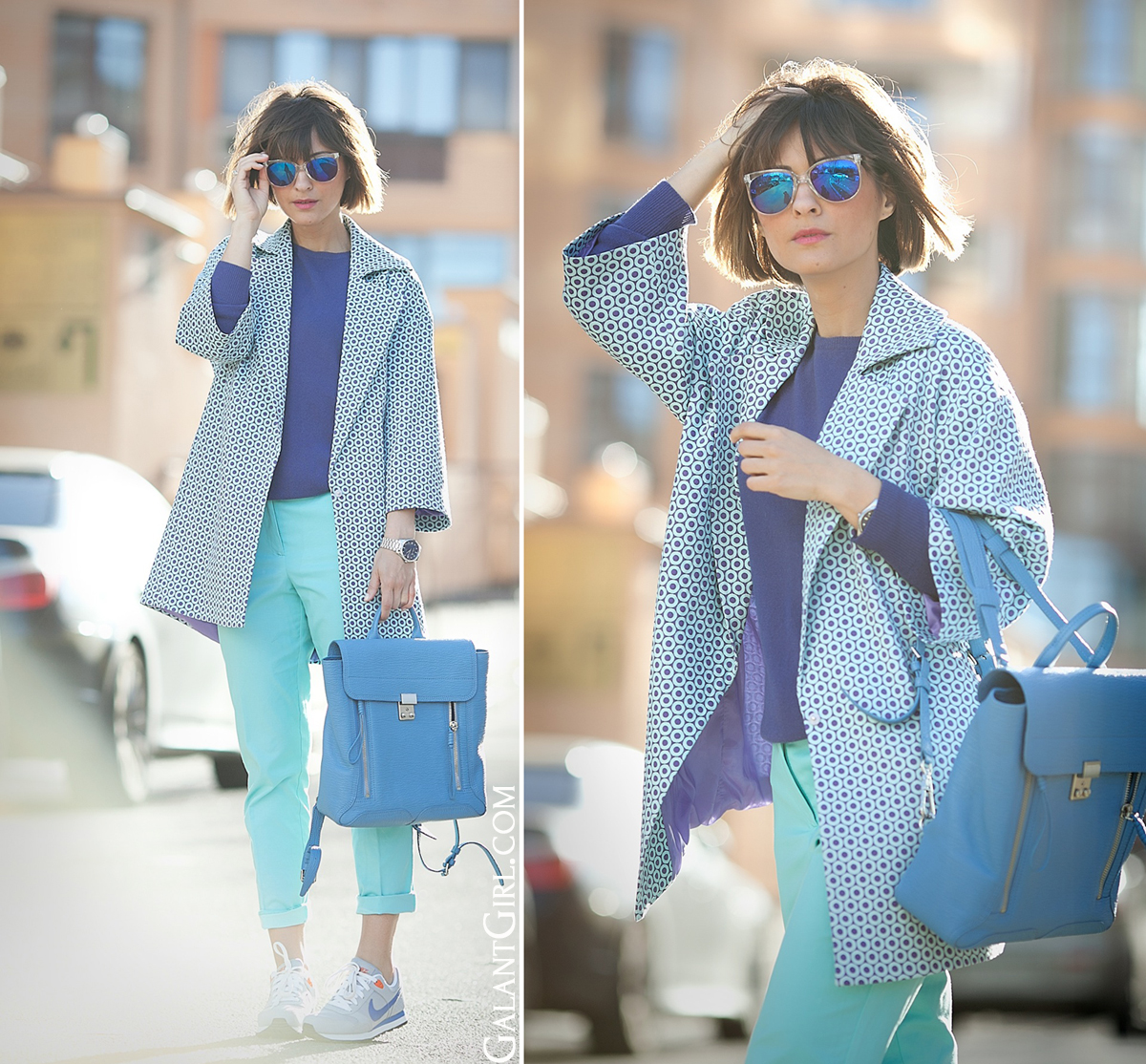 colorblocked outfit in blue colors with 3.1 Phillip Lim Pashli backpack on GalantGirl.com