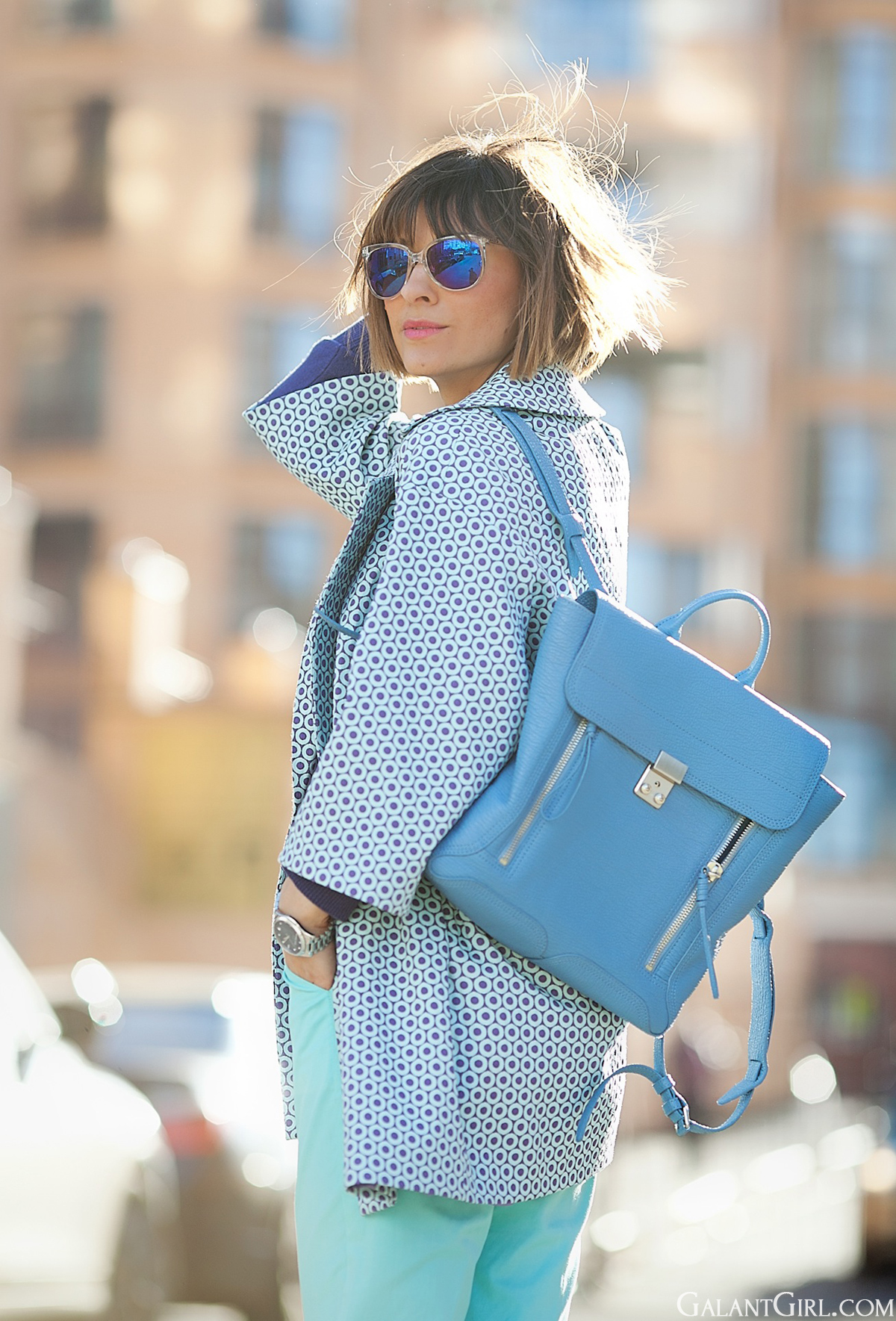 colorblocked outfit in blue colors with 3.1 Phillip Lim Pashli backpack on GalantGirl.com