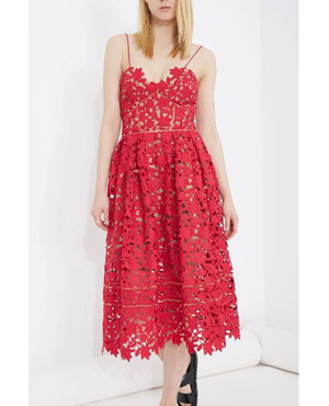 Red Spaghetti Strap Floral Crochet Hollow Dress