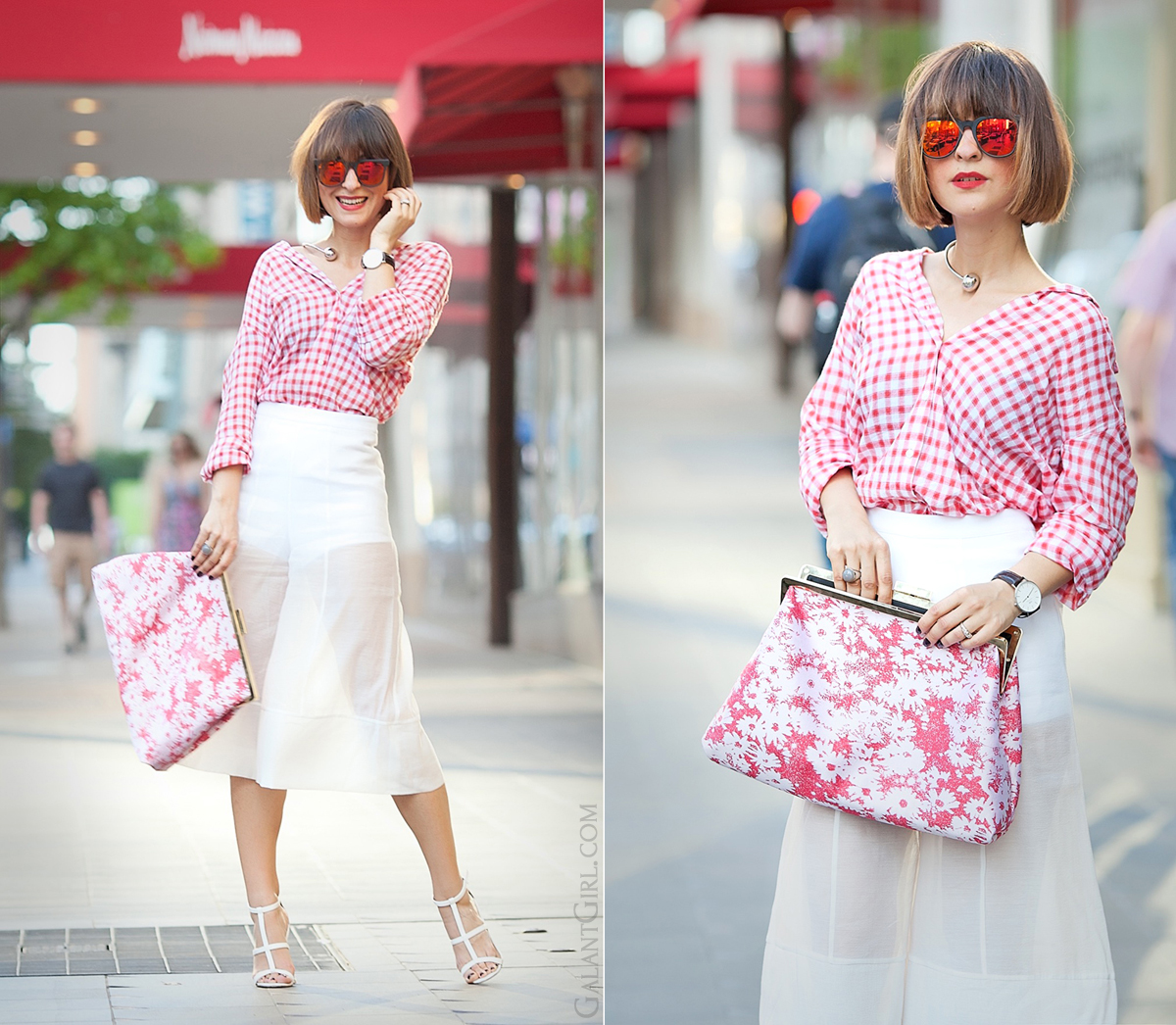 stella mccartney flower print clutch, stella mccartney clutch outfit, culottes outfit, gingham shirt outfit, galant girl, street style fashion, outfit for spring 2015,