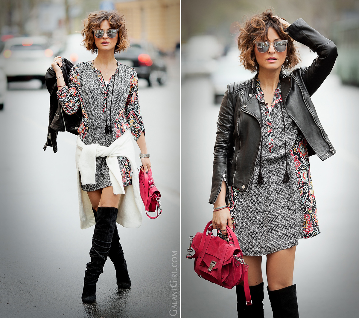 cute dress outfit with high boots and bikers jacket on street style blogger GalantGirl.com