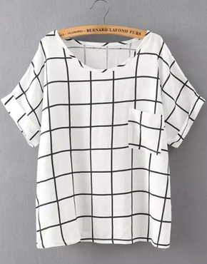White Black Short Sleeve Plaid Pocket T-Shirt