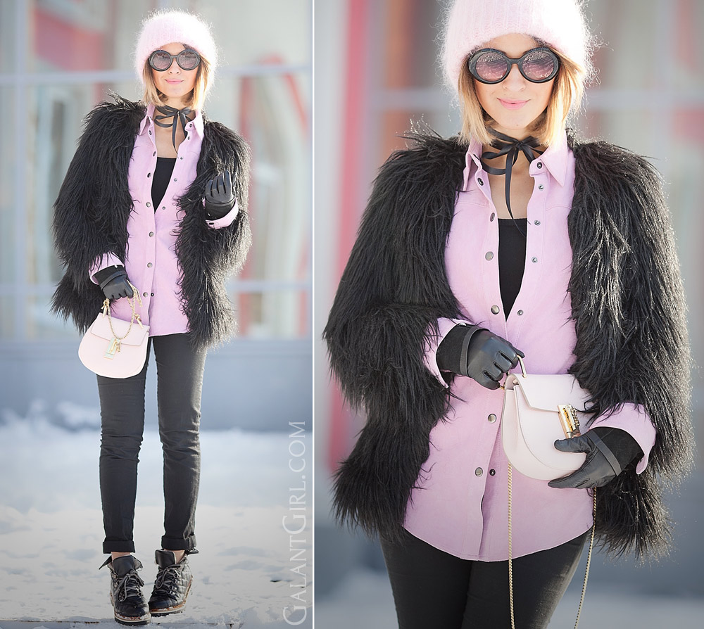 faux fur coat outfit for really cold winter days, chloe drew bag in blush, cold weather outfits,