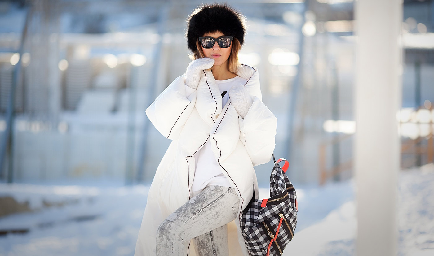 real snowy winter outfit ideas, padded coat, down coat outfit, margiela for H&M down coat, street style ideas, winter outfits, winter look, cold weather outfit,