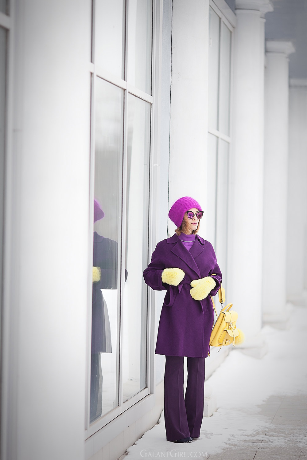 purple max mara robe coat, flare trousers and grafea backpack outfit for winter by fashion blogger galant girl