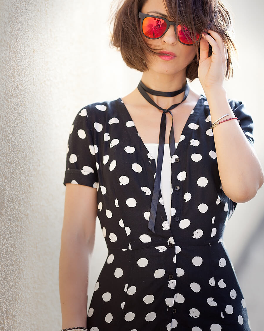 red-mirrored-sunglasses-polka-dots-blouse-outfit