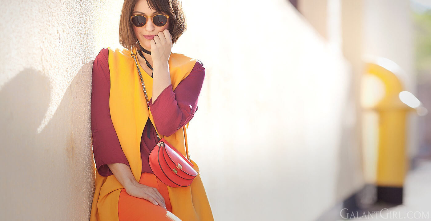 warm-colours-outfits for spring with chloe georgia bag and zara longline orange linen waistcoat