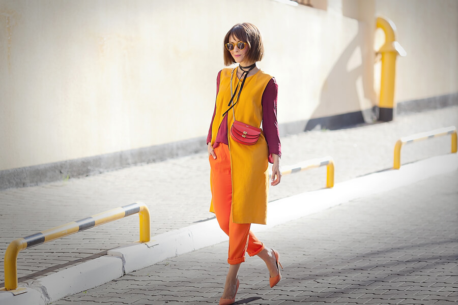 warm-colours-outfits for spring with chloe georgia bag and zara longline orange linen waistcoat 