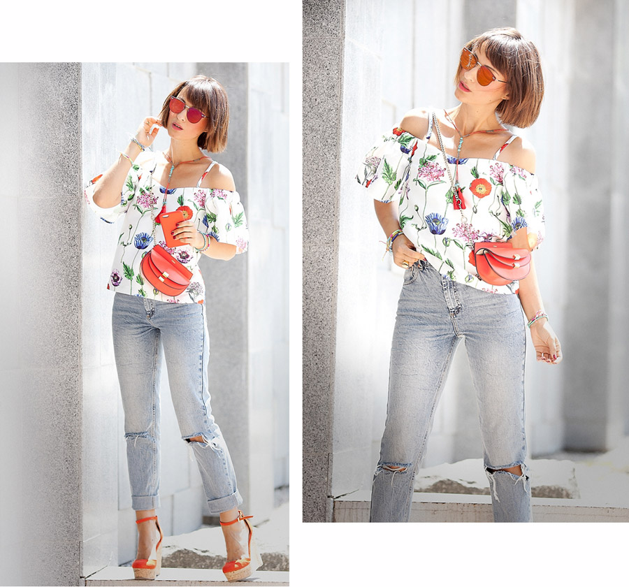 hot summer days outfit with cold shoulder floral top and asos mom jeans