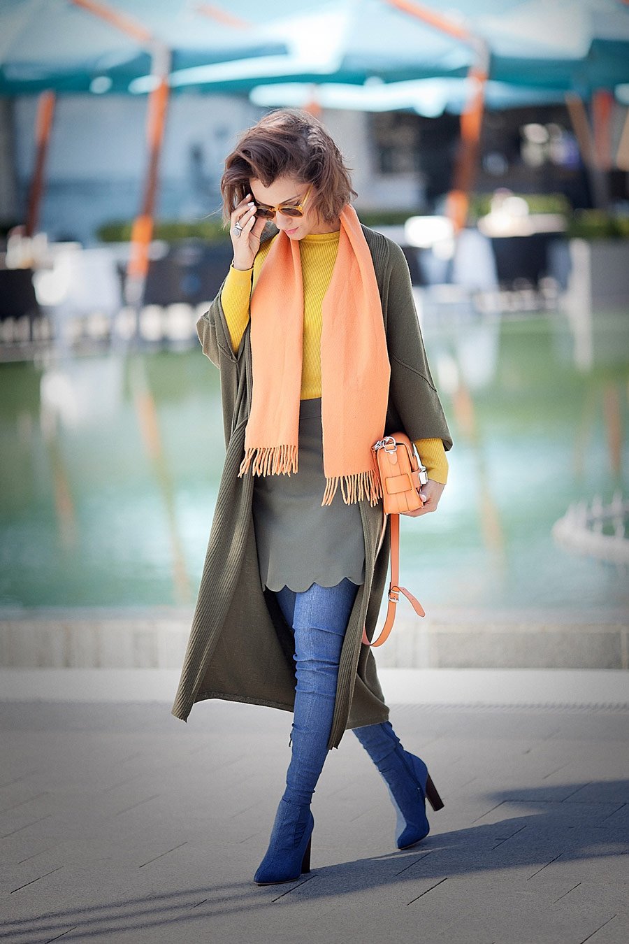 fall colors outfit, denim boots outfit, autumn color outfit, orange wool scarf, 