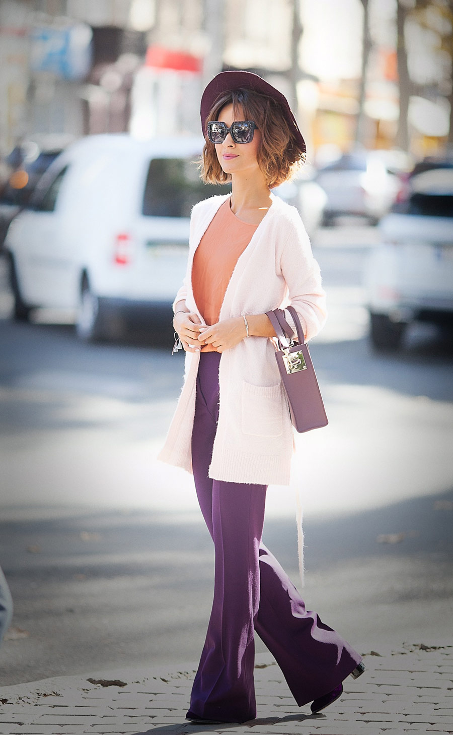 pink cardigan, color mix outfit,