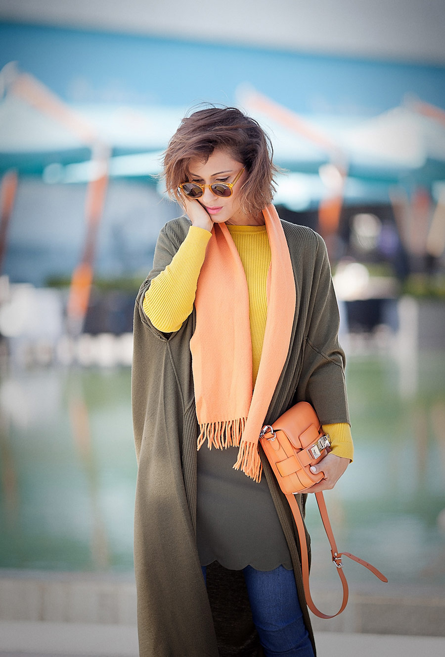 khaki cardigan, orange wool scarf, orange bag, fall colors outfit, 