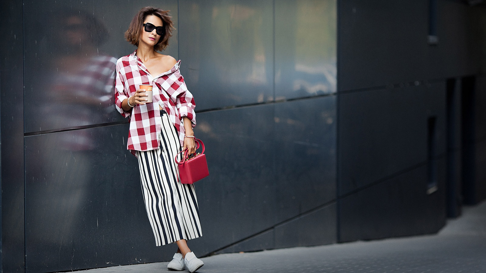 gingham shirt outfit, striped culottes, mix of prints, how to mix prints,