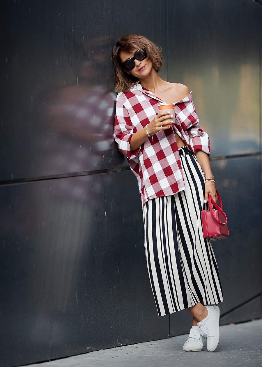 gingham shirt outfit, striped culottes, mix of prints, how to mix prints, 