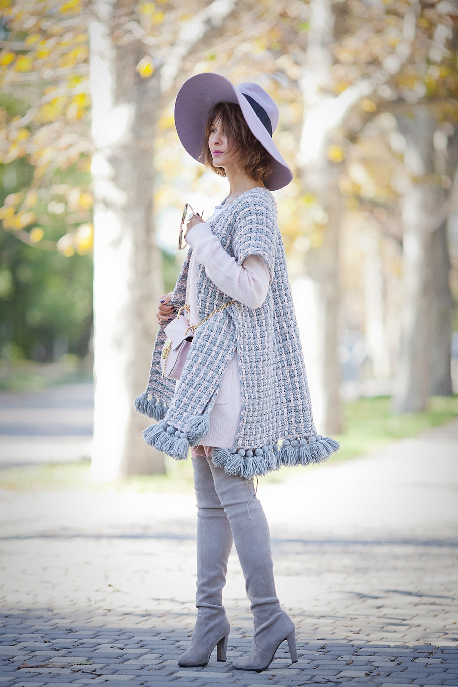 knitted poncho, over the knee boots outfit,