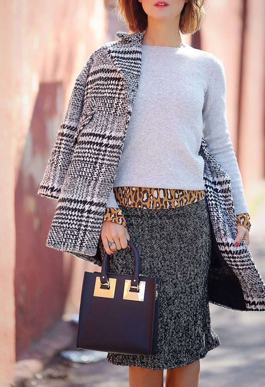lady like outfit, street style fall outfits, tweed pencil skirt, leopard print outfit, sophie hulme bag, 