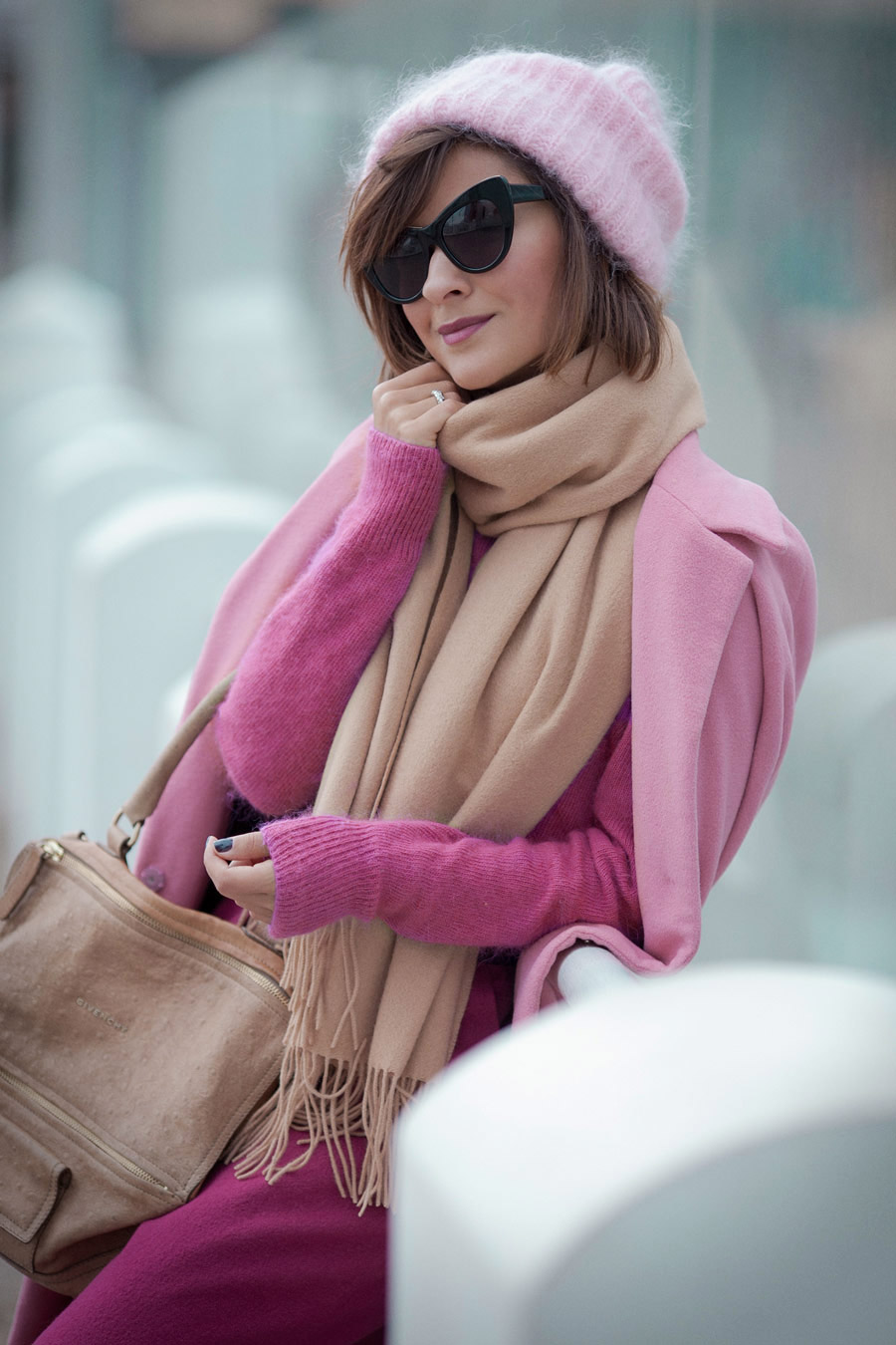 acne wool scarf, pink coat, street style fall outfits,