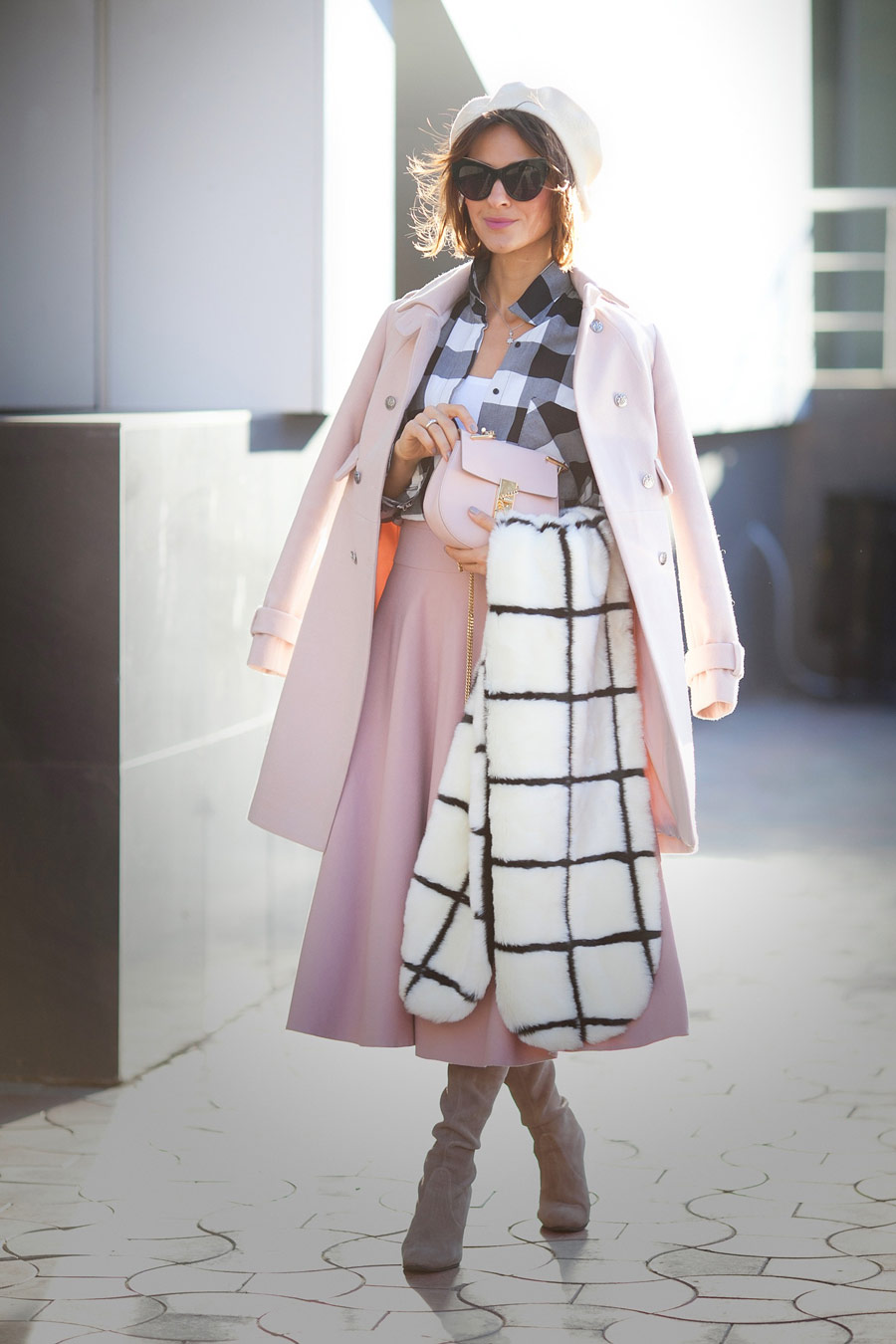 gingham shirt, rose quartz skirt, wool beret outfits, french style, faux fur scarf outfit, fall outfit ideas,
