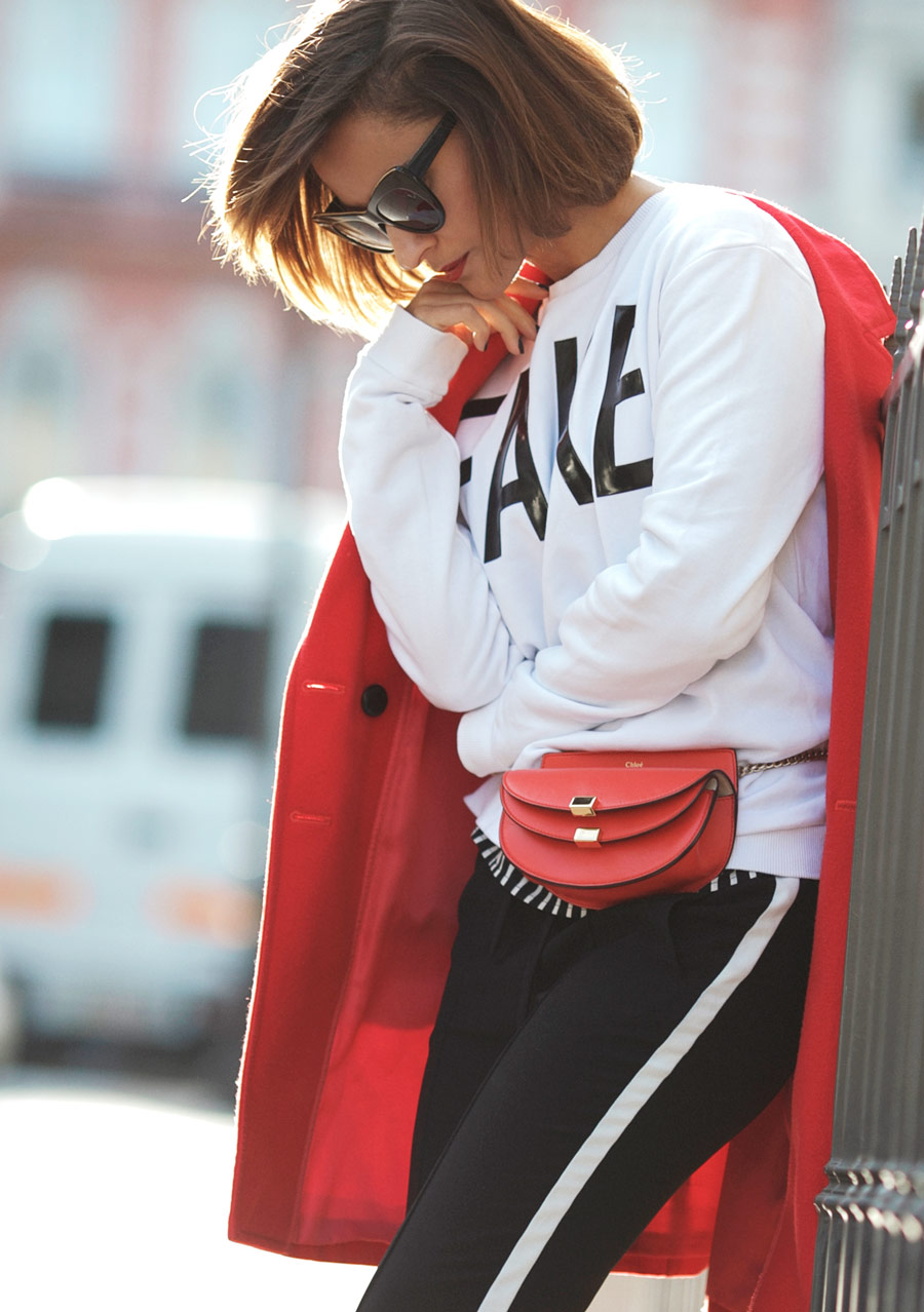 track pants outfit, red coat outfit, street style fall outfits, sport chic style outfit, chloe georgia bag outfit,