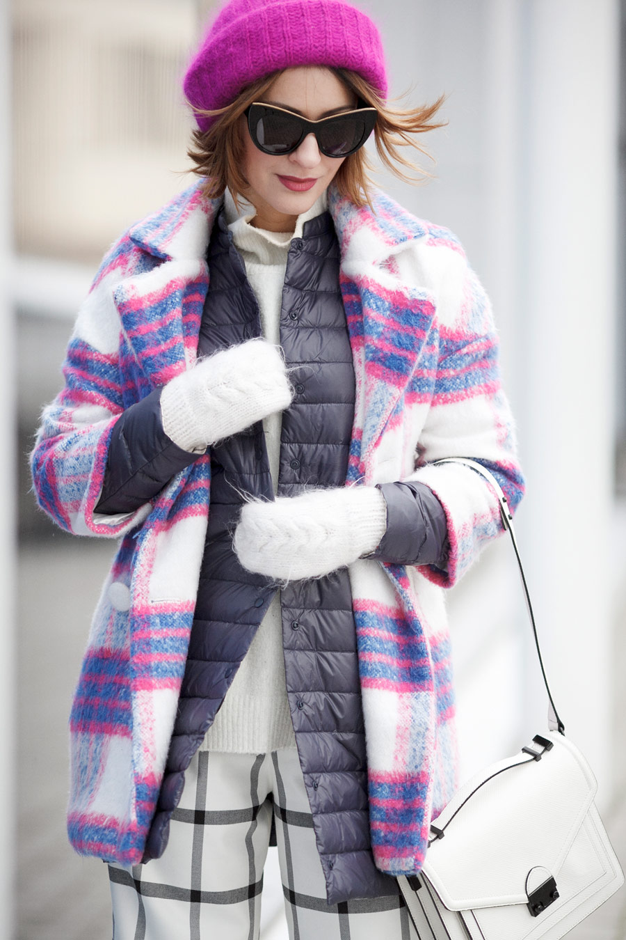 winter layers, winter layering, checkered coat, checkered coat outfit, plaid coat outfit, playful winter street styles, 