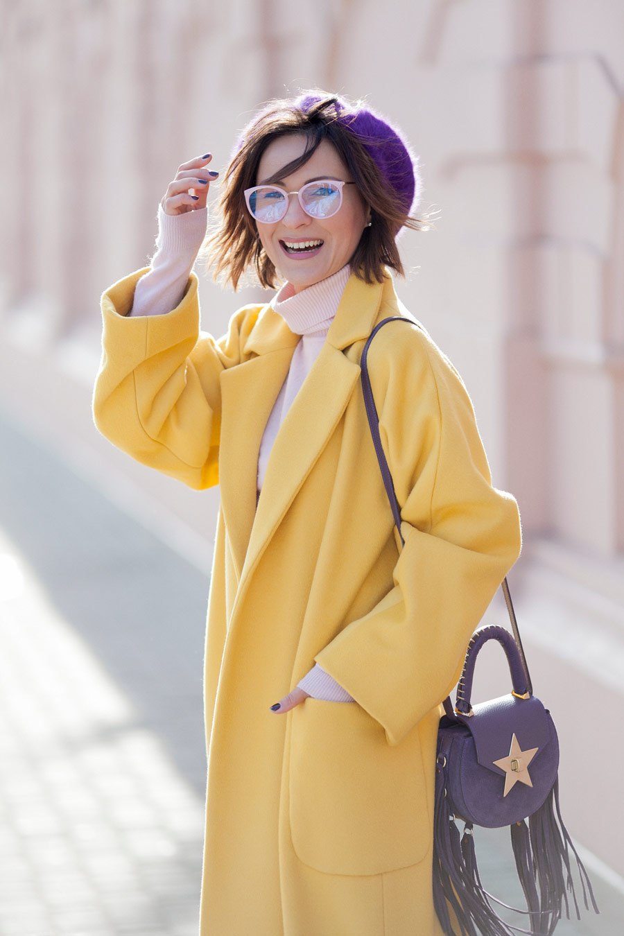 primrose yellow coat, salar bag, trending colors outfits, 