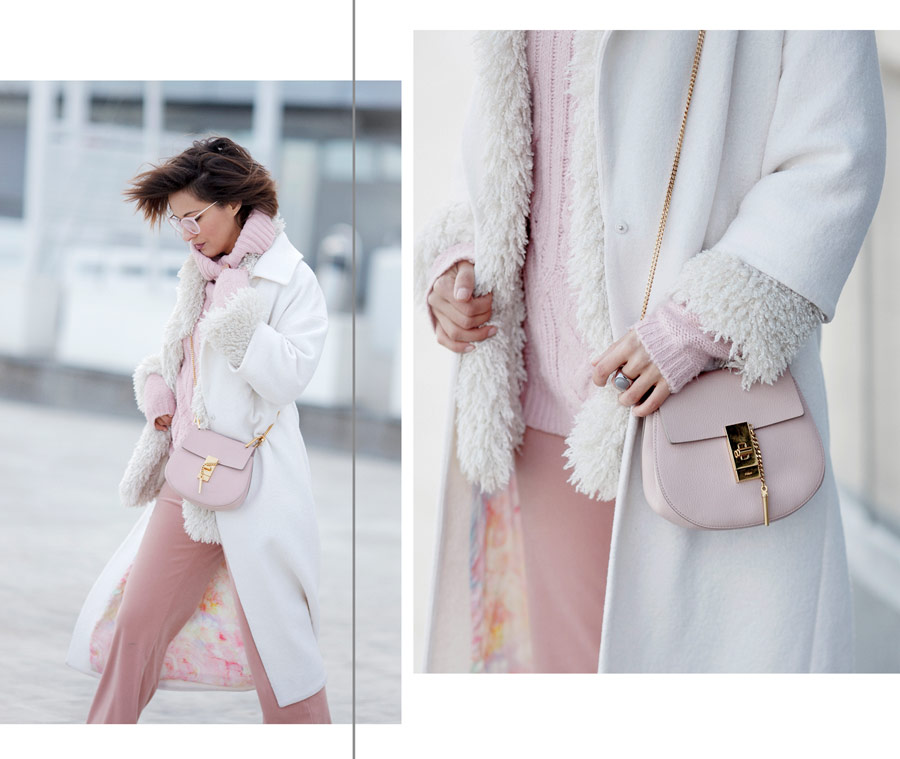 white coat winter outfit, pastel colours winter outfits, chloe drew bag outfit, 