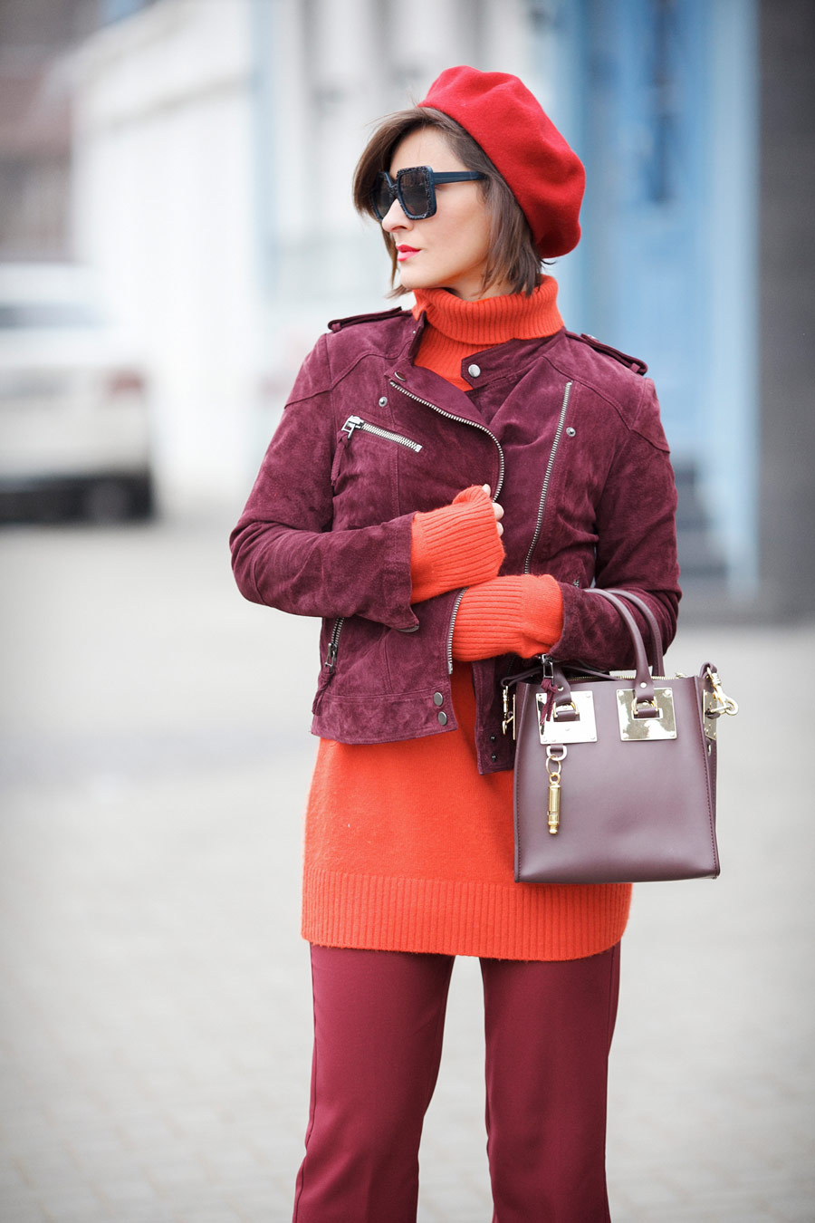 biker jacket outfits, wool beret outfit ideas, sophie hulme bag outfits,