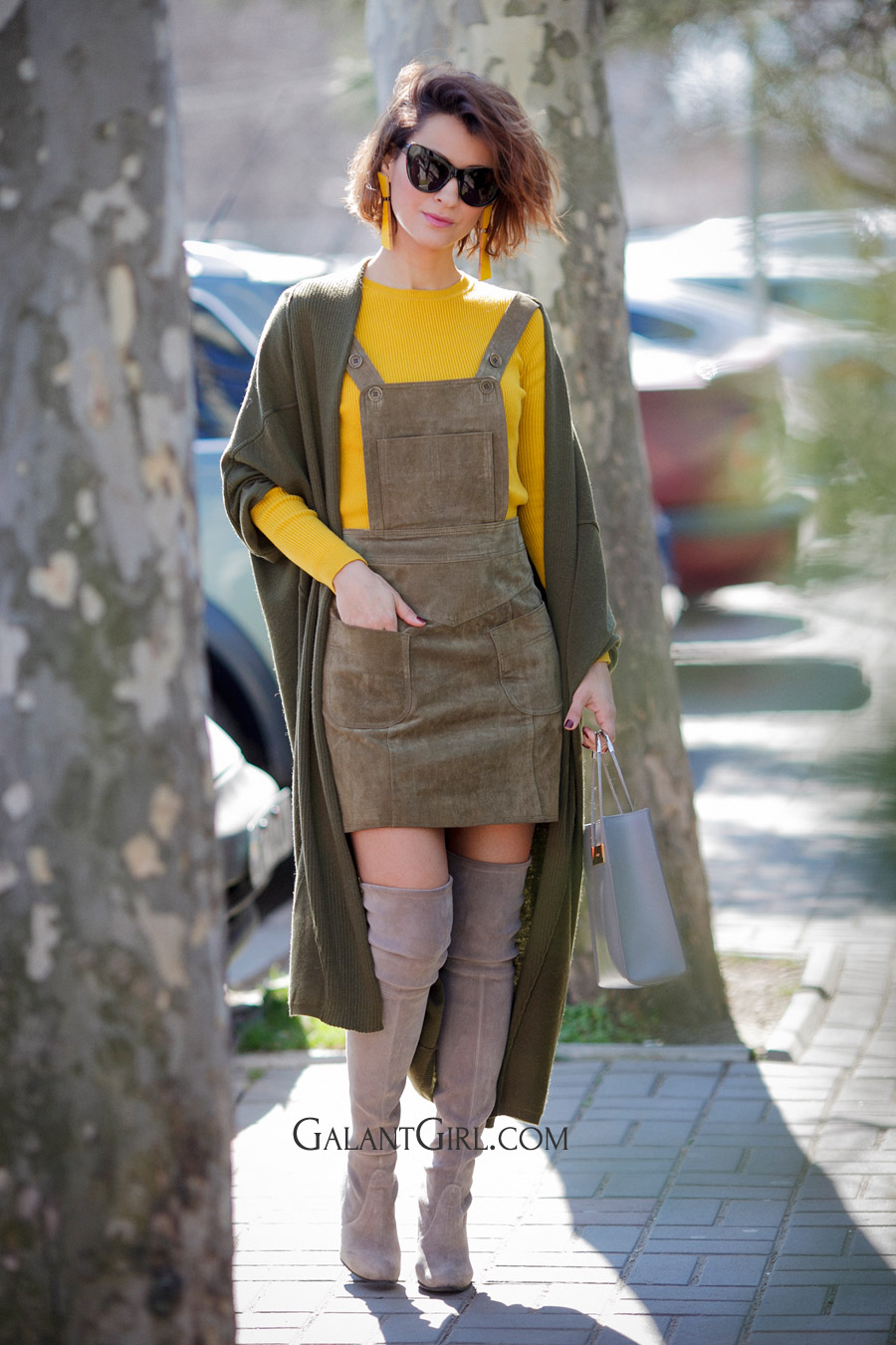pinafore dress, suede OTK boots outfits, chic spring outfits, Ellena Galant Girl, 